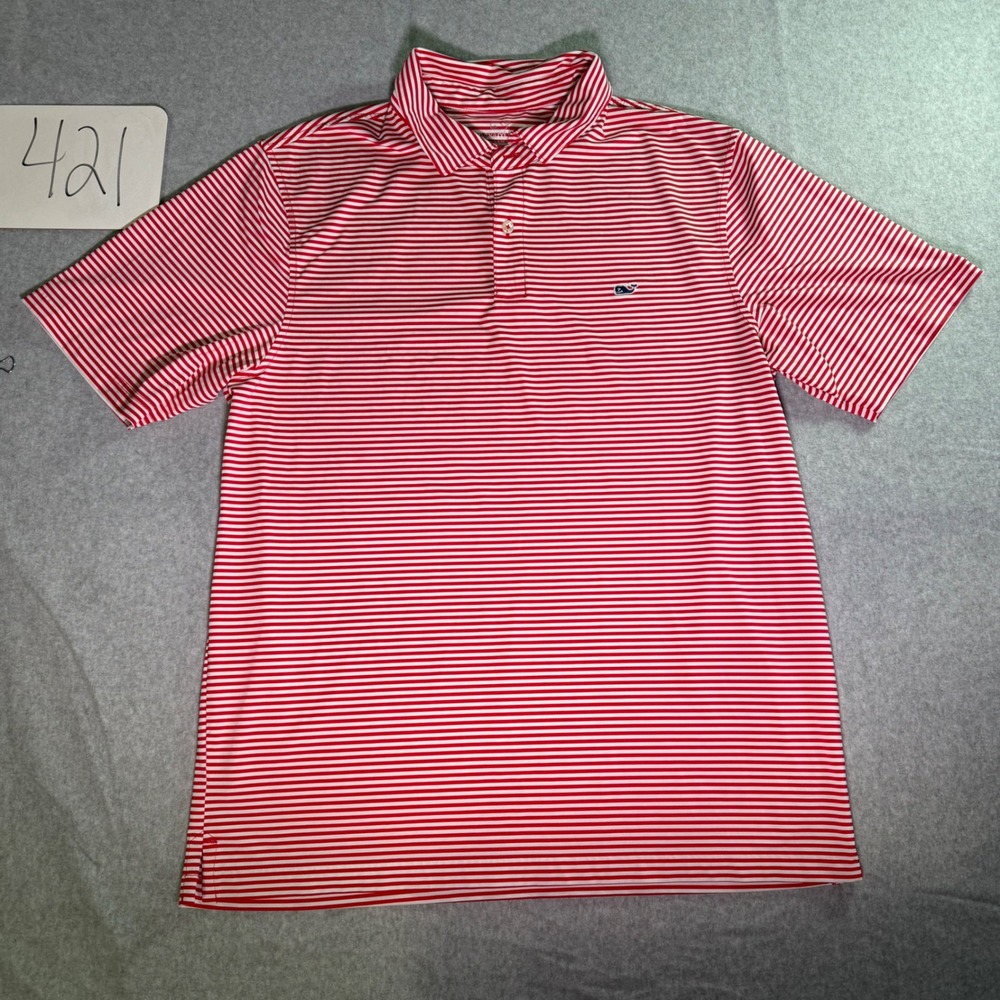 Vineyard Vines Performance Polo Shirt Mens Large Red White Striped Short Sleeve